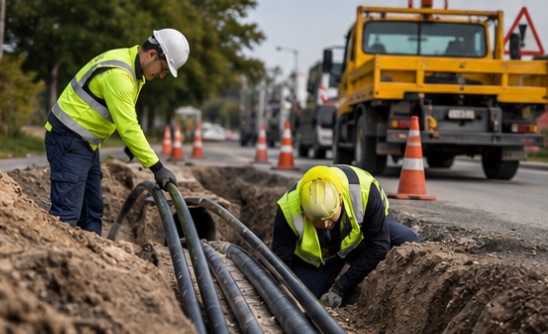 Field team laying underground telecom cables