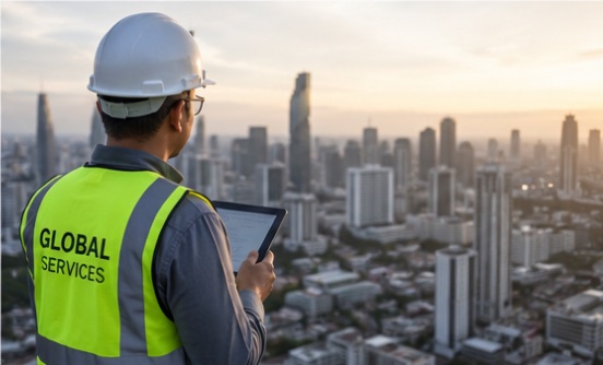 Global Services field engineer reviewing urban infrastructure