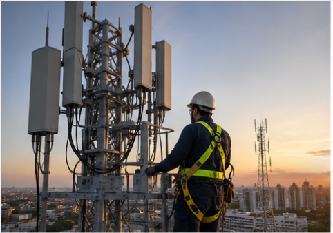 Technician working on a telecom tower at sunset